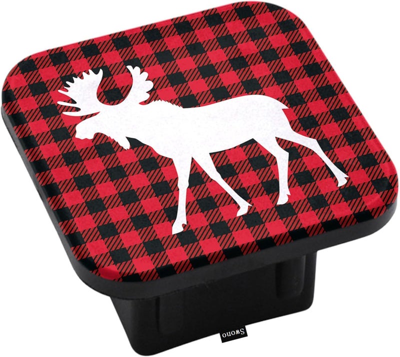 Swono Moose Hitch Covers 2 Inch Woodland Moose Buffalo Plaid Red Black Rubber Receiver Tube Hitch Plug for Men, Deer Square Hitch Box Cover Towing Hitch Plug Covers for Women - Image 1